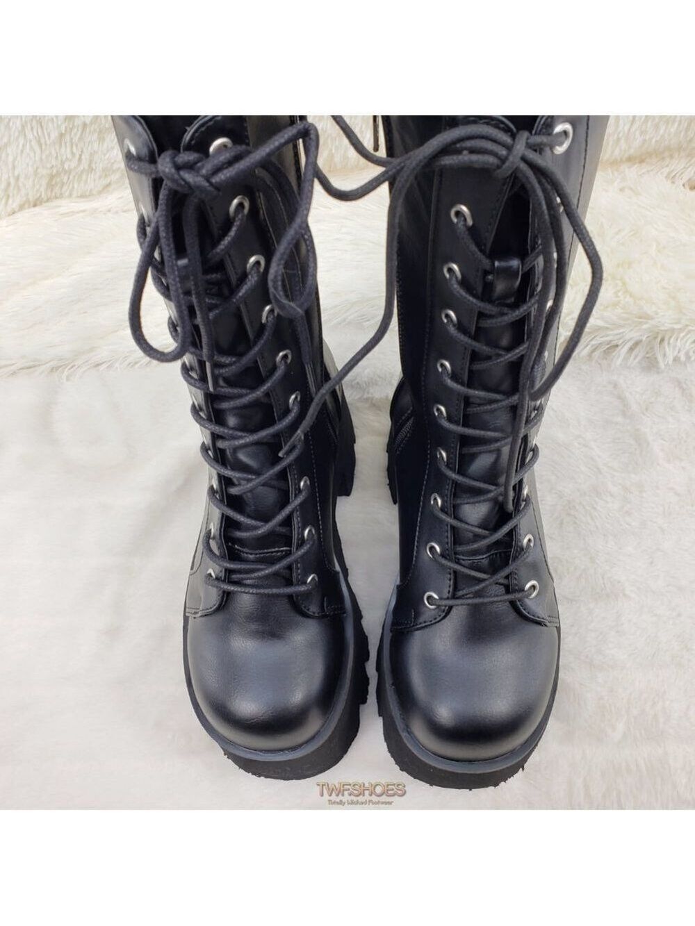 Ashes Black Matte Platform Goth Punk Mid Calf Combat Boots - Picture 12 of 14